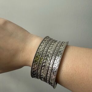 Chunky Silver-Tone Hinged Cuff Bracelet with Tribal Etching